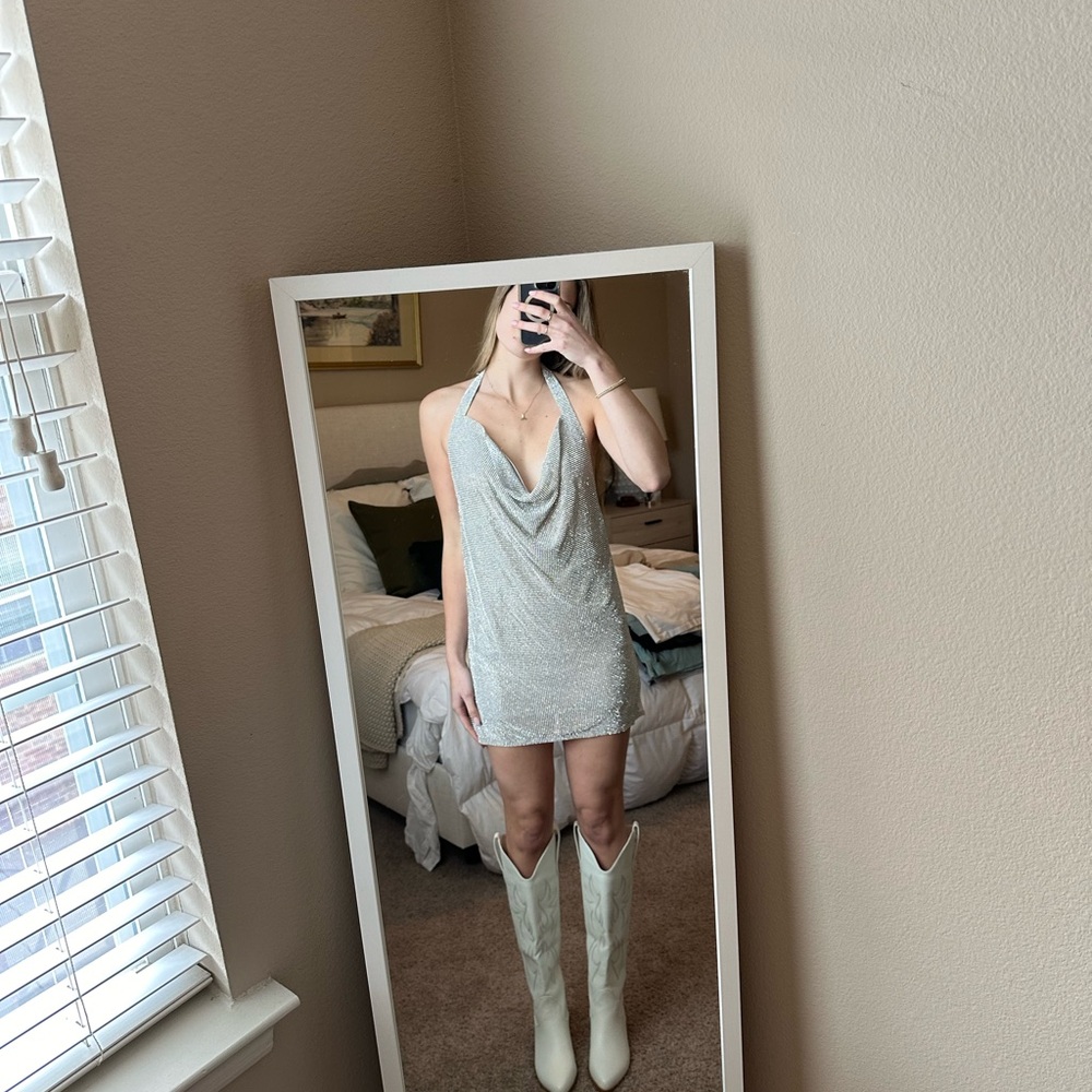 Meshki Meilani Low Back Diamante Mesh Mini Dress Silver